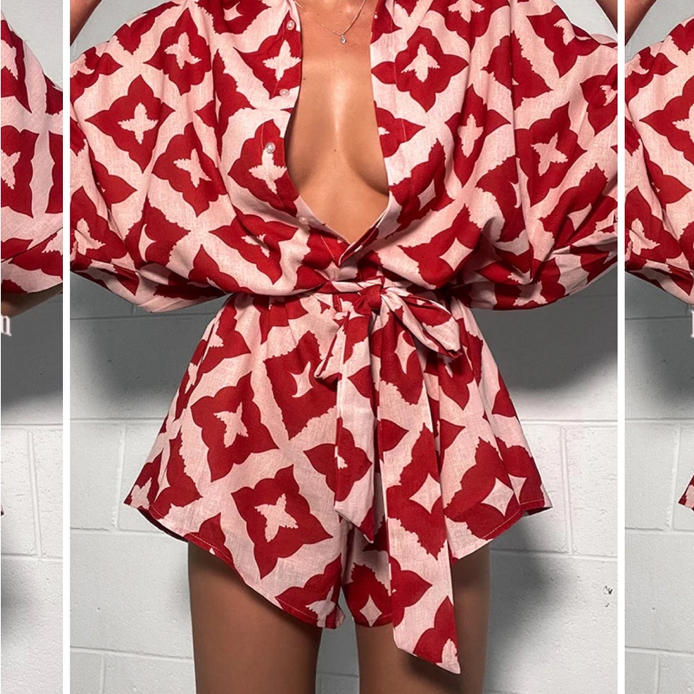 Commense Red and Pink Kimono Romper